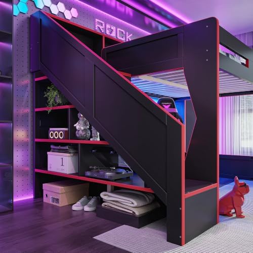 Bellemave Queen Loft Bed with Storage Stairs & Charging Station, Black Red - Image 5