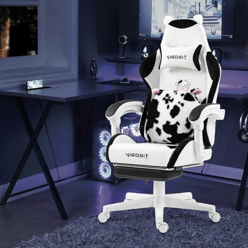 Vigosit Cute Gaming Chair with Footrest - Ergonomic Computer Chair Cow Print Design, High Back PU Leather Office Chairs with Lumbar Support for Adults by VIGOSIT