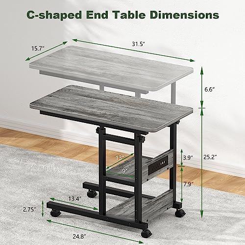 Rolling C Shaped End Table with Charging Station for Couch, Height Adjust - Image 2