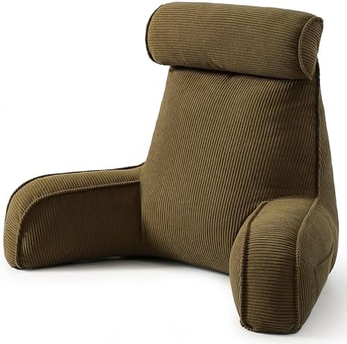Bed Rest Reading Pillow with Arms & Detachable Headrest, Corduroy Backrest Cushion with Side Pockets & Washable Cover, Support Pillow for Sitting Up in Bed & Sofa Relaxing, Martini Olive by Ailuteie