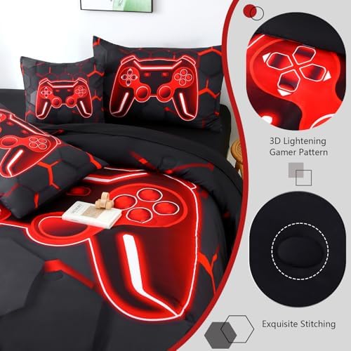6 Pieces Kids Gaming Bedding Set Black and Red Twin Comforter Set for Boys 3D Video Game Teen Boy Bed in A Bag Honeycomb Gamer Comforter and Sheet Set (Black Red, Twin) - Image 5