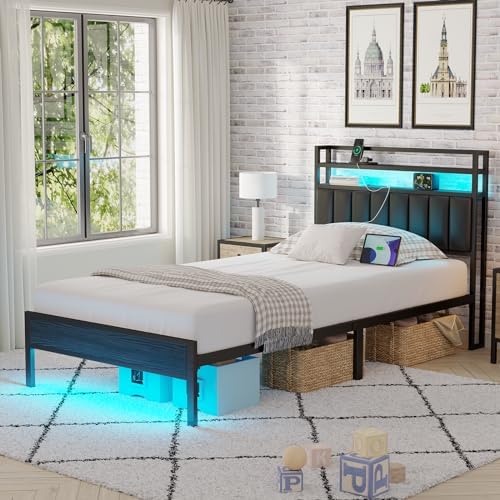 Twin Size Bed Frame with Upholstered Headboard and 2-Tier Storage Shelves - Image 5