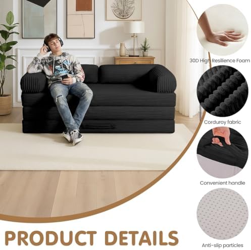 Convertible Sofa Bed Full,5-in-1 Tri-Fold Boneless Couch with Removable Armrests & Handle,Corduroy Futon Sleeper Sofa,Floor Folding Mattress Pull Out Bed for Small Space Apartment Bedroom Black - Image 6