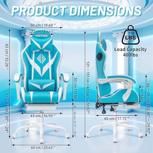LED Gaming Chair with Speakers RGB Lights Massage Computer Chairs-Sky Blue | Bluetooth Game Chairs for Adults;Ergonomic High Back Video Game Chair; Reclining Gamer Chair with Footrest Lumbar Support - Image 2