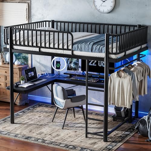 KEIKI Queen Size Metal Loft Bed Frame with L-Shaped Desk, Black - Image 3