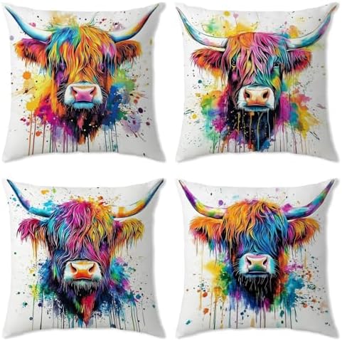 Highland Cow Pillow Covers for Couch Graffiti Cows Pattern Decorative Pillowcase Bedroom Living Room Decor Modern Farmhouse Western Animal Print Cushion Case Bed Sofa Home Decoration 18x18" Set of 4 by YOOOAHU