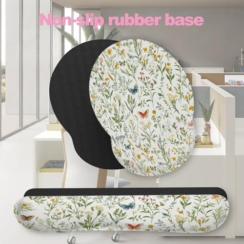 Wildflowers Butterfly Mouse Pad with Wrist Rest and Keyboard Wrist Rest Set, Vintage Garden Plants Herb Flower Non-Slip Rubber Base Memory Foam Mouse Pad Set for Women, Office Desk Accessories, Gaming - Image 7