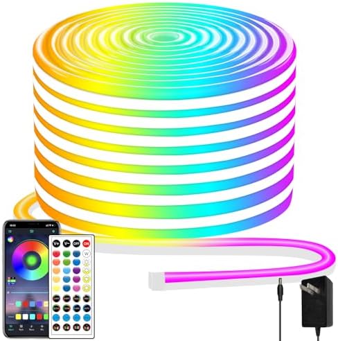segrass 50ft Neon Rope Light, 24V RGB LED Strip Lights, Multi-Color, Music Sync, Dimmable, Remote/APP Control, Flexible DIY Design for Bedroom Indoor Outdoor by segrass