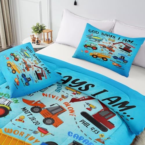 Boys Construction Vehicles Truck Comforter Set Full,Christian Kids God Says I Am Construction Bedding Set,Car Excavator Tractor Bedroom Set（1 Comforter 2 Pillowcase） Blue - Image 6