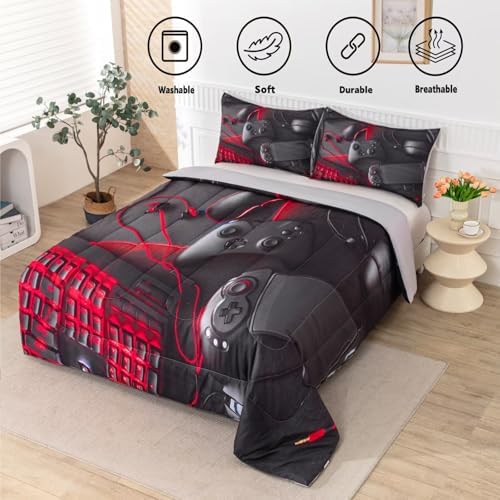 Gaming Comforter for Boys Teens,Game Bedding Sets Queen,Kids Gamer Comforter Set,Video Game Bedroom Bed Set Controller Duvet All Season 3 Piece - Image 3