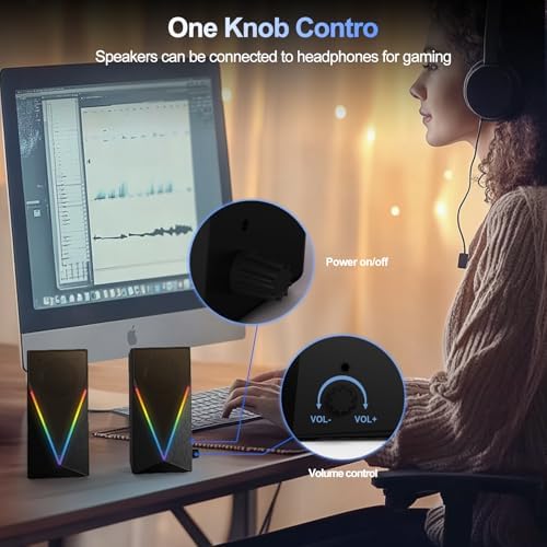 Computer Speakers, Desktop PC Speakers with 6 Colorful RGB Lights, Headphone Jack, Enhanced Bass and Volume Control, USB Powered & 3.5mm Aux Gaming Speakers for Laptop Monitor PC Tablet Phone - Image 6