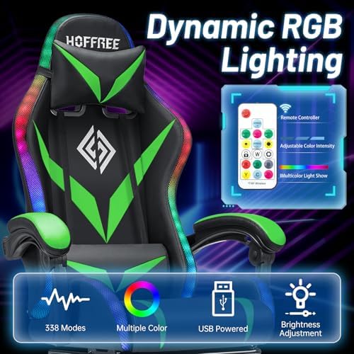 LED Gaming Chair with Speakers RGB Lights Massage Computer Chairs-Green | Bluetooth Game Chairs for Adults;Ergonomic High Back Video Game Chair; Reclining Gamer Chair with Footrest Lumbar Support - Image 5
