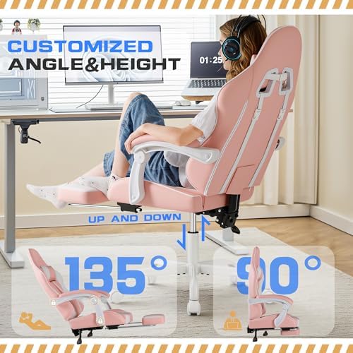 Shahoo Gaming Chair with Footrest and Massage Lumbar Support, Video Racing Seat Height Adjustable with 360° Swivel and Headrest for Office or Bedroom, Light Pink - Image 5