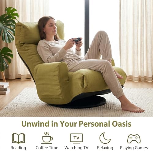 360° Swivel Floor Gaming Chair Linen Folding Chaise Lounge Chair Adjustable Comfy Sofa Chair with Armrests, Phone Holder & Padded Cushion, Ideal for Living Room, Bedroom (Green) - Image 6