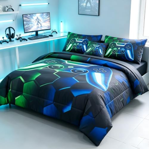 URBONUR 6Pcs Gaming Comforter Set Queen Size for Boys Girls Blue Green - Image 2