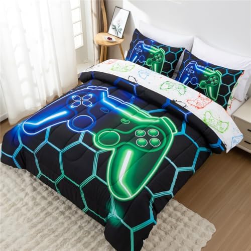 NTBED Game Console Comforter Set for Boys Girls Kids 3D Gaming Geometric Lightweight Microfiber Bedding Sets (Blue Green, Queen 5Pcs) - Image 3