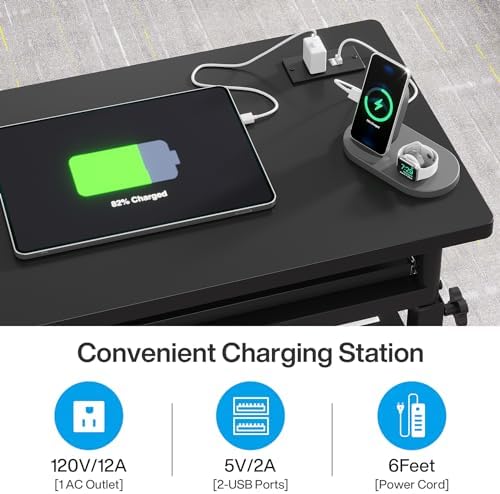 Tribesigns Small Portable Desk with Power Outlet, Height Adjustable Sofa Couch Bedside Laptop Table with Wheels, Mobile Standing Desk Rolling Computer Cart C Side Table with USB Ports - Image 6
