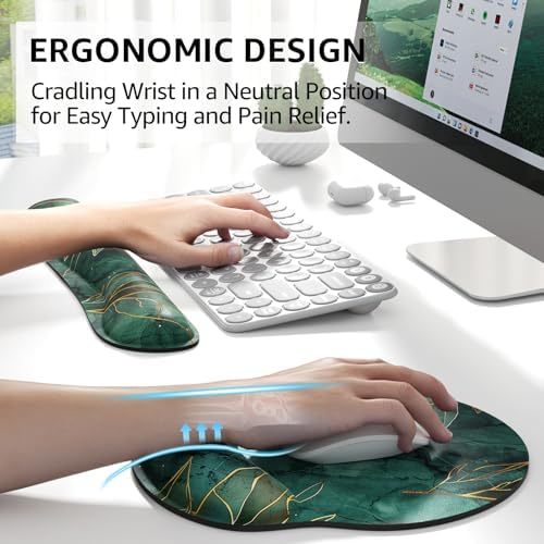 KTRIO Keyboard Wrist Rest & Mouse Pad with Wrist Rest, Green Leaves | Memory Foam Wrist Support, Ergonomic Design, Non-Slip Base, Office and Home Use - Image 2