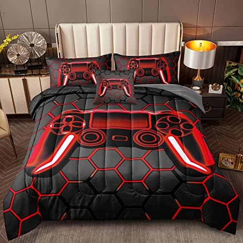 BDUCOK 5 Piece Gamer Comforter Sets Bed in A Bag for Boys Teen Kids,Honeycomb Gaming Bedding Sets Gamepad Comforter Microfiber Bed Set for All Season Gamer Home Decor(red, 5 Piece Sets30023-Twin) - Image 3