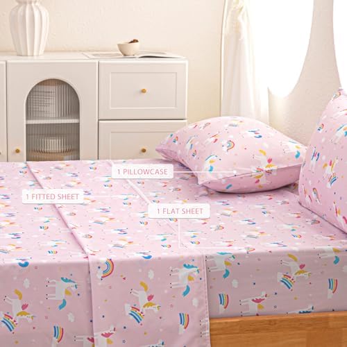 Twin Sheets Set for Girls Kids - 3-Piece Cute Unicorn Bedding Set, Breathable Pink Rainbow 3D Fitted Sheets with 14" Deep Pocket, Ultra-Soft Lightweight Bedroom Essentials - Image 2