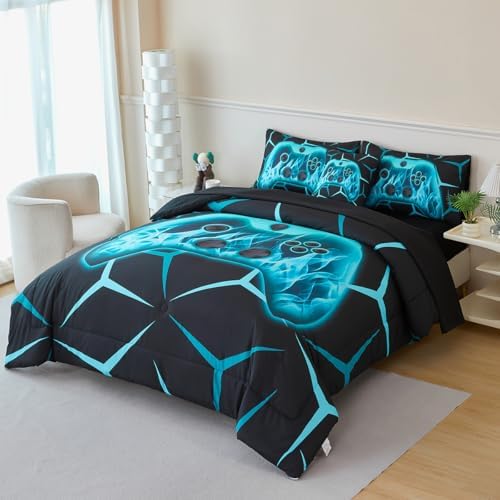 6 Pieces Queen Size Bed in A Bag Boys Game Console Bedding Sets Black Aqua Geometric Gamepad Comforter Set for Kids Gaming Bedding Set for All Seasons(Aqua, Queen) - Image 3
