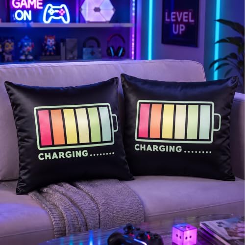 Pack of 2 Gamer Throw Pillow Covers 18x18 Inch, Satin Silk Feeling Decorative Pillow Cases with Hidden Zipper, Charging Battery Design for Boys Room Sofa Couch Bedroom Decor - Image 6