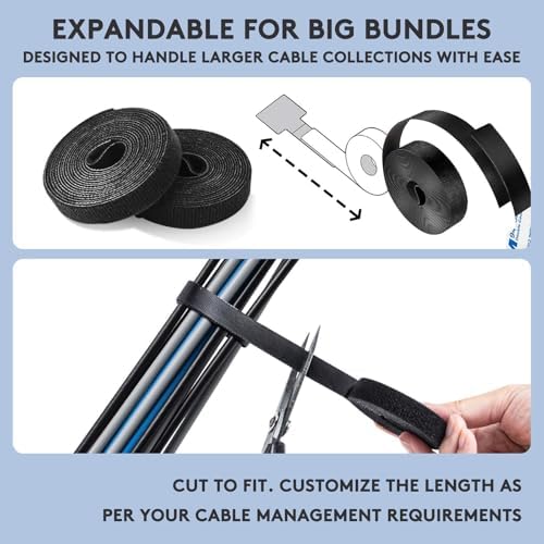 Adhesive Under Desk Cable Management Kit - 45 PCS Sticky Back Velcro Ties + 2 Rolls Extension Straps for No Drill Cord Organization, Home Office (Black) - Image 5
