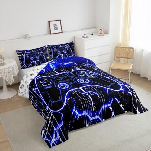 Feelyou Kids Blue Gamer Bedding Set Full Size, Honeycomb Gaming Comforter Set Boys Girls Modern Game Console Comforter Gamepad Teens Duvet Set Bedroom Decor Bed Set 3Pcs - Image 5