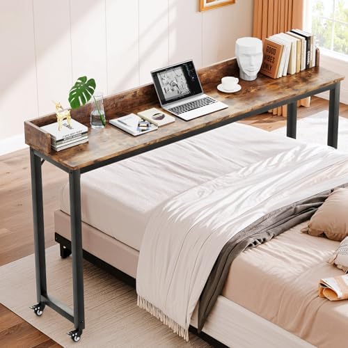 Arlopu Overbed Table with 360° Wheels, Queen Size Mobile Bed Desk, Brown - Image 6