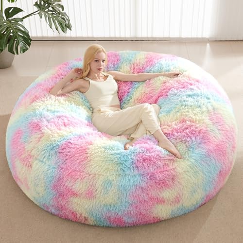Bean Bag Cover (No Filler), Faux Fur Beanbag Chairs Covers Only, Stuffed Animal Storage Bean Bag, Giant Washable Beanbag Cover Without Filling, 6FT, Rainbow by ODreamyDogs
