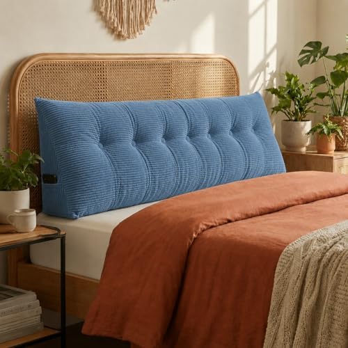 Wedge Reading Pillow Headboard King Size, Headboard Bolster Pillow for Bed, Triangular Backrest Cushion with Removable Corduroy Cover, Blue by DVUAY