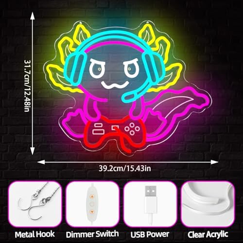 Gaming Axolotl Neon Sign Dimmable Axolotl Playing Video Games Light Up Sign Game Room Led Wall Art Gamer Room Decor Funny Axolotl Gifts for Girls Boys - Image 5