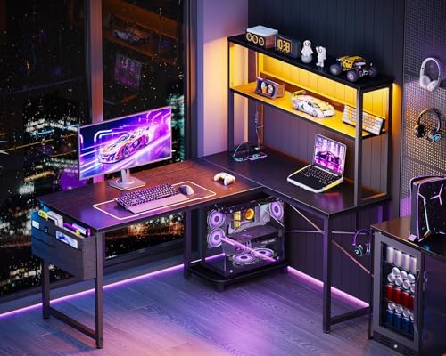 ODK 43" L Shaped Gaming Desk with Shelves, LED & Outlets, Black - Image 2