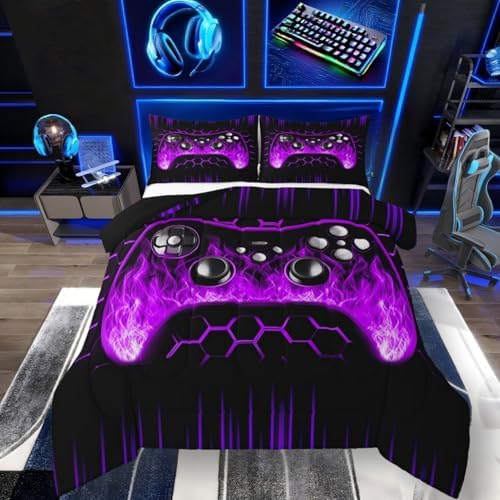Erosebridal Honeycomb Gamer Kids Comforter Set Purple Neon Lights Game Console Toddler Bedding Sets for Boys Ombre Art Geometric Hexagon Beehive Duvet Set Gaming Decor for Boys Bedroom Decor by Erosebridal