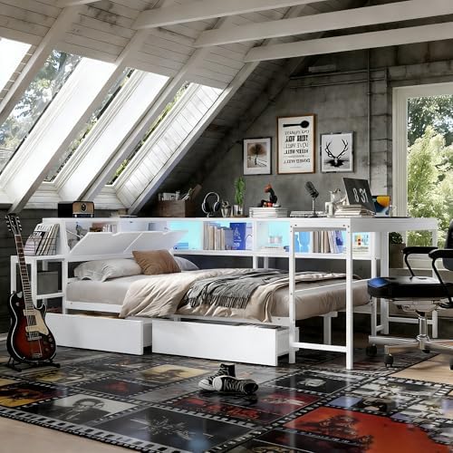 Bellemave Twin Size Corner Bed Frame with Storage Drawers, Bookcase and Side Desk, Twin Corner Bed with Light and Charging Station, Daybed for Bedroom, Living Room, Guest Room White - Image 4