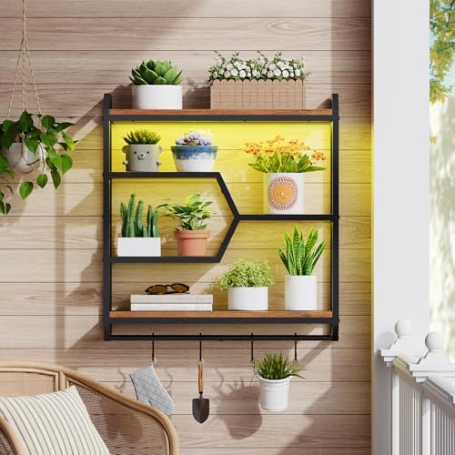 HOOBRO 27.5" Floating Shelf with LED Lights, Gaming LED Wall Mounted Shelf with Hanging Rod & 4 S-Hooks, 4-Tier Hanging Display Rack, for Living Room, Gaming Room, Rustic Brown and Black BF71DBJ01 - Image 4