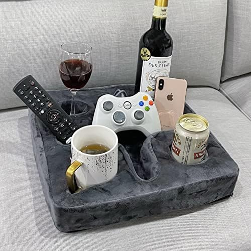 Couch and Bed Cup Holder Pillow, Sofa Refreshment Tray for Drinks/Remote Control/Snacks Holder (Gray) - Image 2