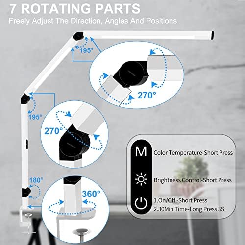 Micomlan LED Desk Lamp for Home Office, Architect Clamp Desk Lamp with Remote Control, Adjustable Dimmable Swing Arm Clamp on Table Light Clip-on Dual Light 5 Brightness Levels & 4 CCT Modes - Image 2