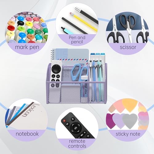 YINGHUA 3 Compartment Magnetic Metal Mesh Pen Holder, Purple Desk Caddy - Image 5