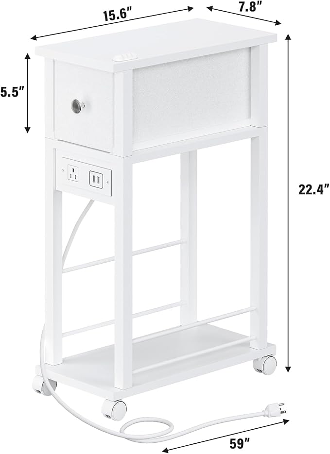 Slim Nightstand Set of 2, Narrow Side Table with Charging Station & Drawer - Image 3