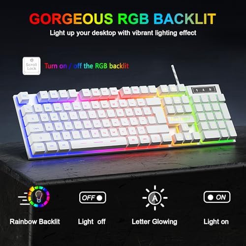 BlueFinger RGB Gaming Keyboard and Backlit Mouse Combo, USB Wired, LED Gaming Set for Laptop PC Computer Game and Work(White) - Image 2