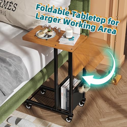 Simple Trending C Shaped End Table, Folding TV Tray Couch Side Table for Sofa on Wheels, Black - Image 5