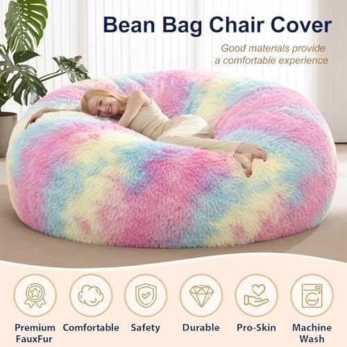 7FT Giant Fur Bean Bag Chair Cover, Ultra Soft Rainbow Bean Bag Chairs for Adults (No Filler, Cover only), Big Round Soft Fluffy Faux Fur Bean Bag Lazy Sofa Bed Cover, Washable Big Size Bean Bag Cover - Image 4