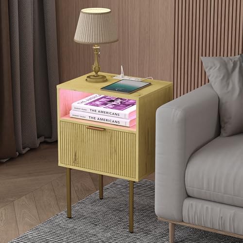 JOONEE Nightstand with Charging Station, Bedside Table with Storage Drawer, Fluted Side Table for Living Room, Bedroom - Image 6