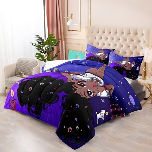 African American Comforter Sets, Black Girl Comforter Set Queen Cute Gilrs Bedding Set Purple Girls Bedroom Decor Comforter Sets with 1 Comforter +2 Pillowcase - Image 2