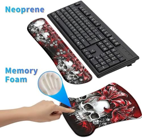 Ergonomic Mouse Pad with Wrist Support Gel Mousepads and Upgrade Keyboard Wrist Rest Pad Set, Coasters Non-Slip PU Base Mouse Mat for Office Gaming Computer Laptop Home, Red Flower Skull - Image 4