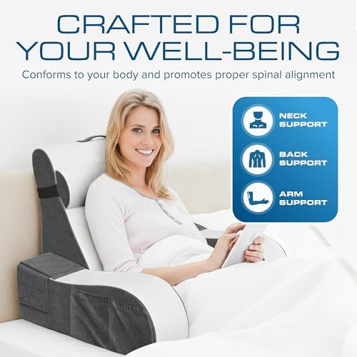 Kölbs Wedge Reading Cushion, Back Pillow for Bed Sitting Up, Cushion with Arms for TV Book Gaming Dorm Rooms, Backrest (Grey/White, Standard) - Image 3