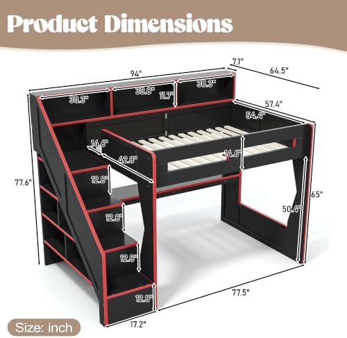 KEIKI Full Size Gaming Loft Bed with Storage Stairs, LED Lights & Desk - Image 2