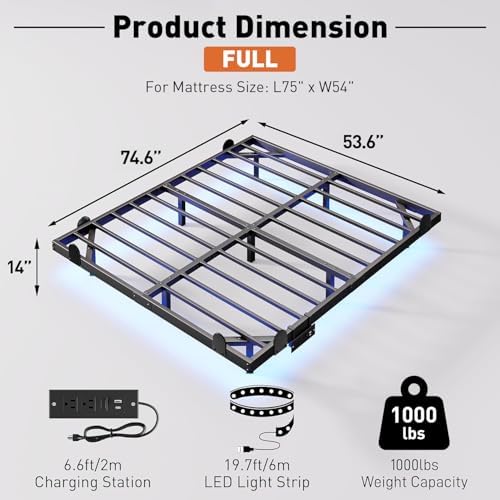 AGXI Floating Bed Frame Full Size with LED Lights and Charging Station, 14 Inch Floating Bed Frame - Modern Full Size Bedframe Easy Assembly No Box Spring Needed - Image 2