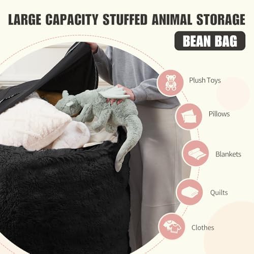 Bean Bag Cover (No Filler), Faux Fur Beanbag Chairs Covers Only, Stuffed Animal Storage Bean Bag, Giant Washable Beanbag Cover Without Filling, 6FT, Black - Image 3